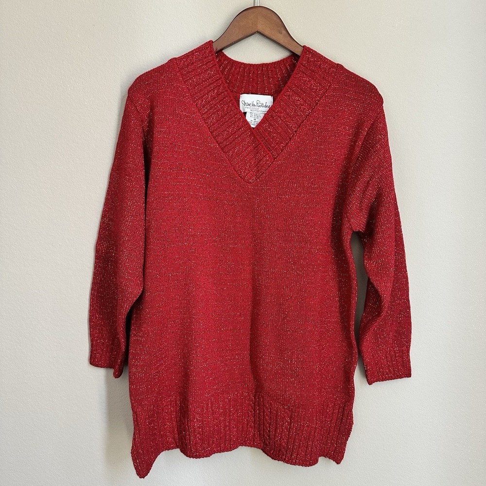 Diane von Furstenberg Metallic Red V Neck Sweater Tunic Vintage 90s Holiday